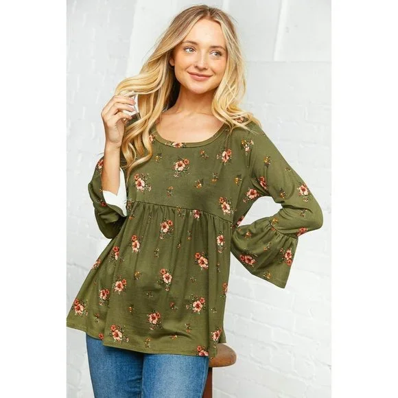 Olive Floral Bell Sleeve Babydoll Peplum Top - Picture 1 of 11